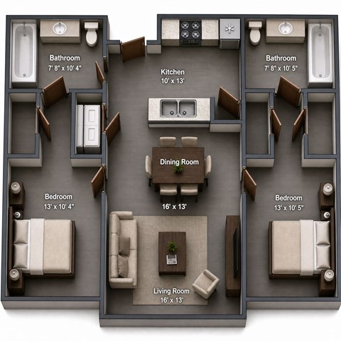 Floor plan for 2 beds, 2 baths, 976 sqft